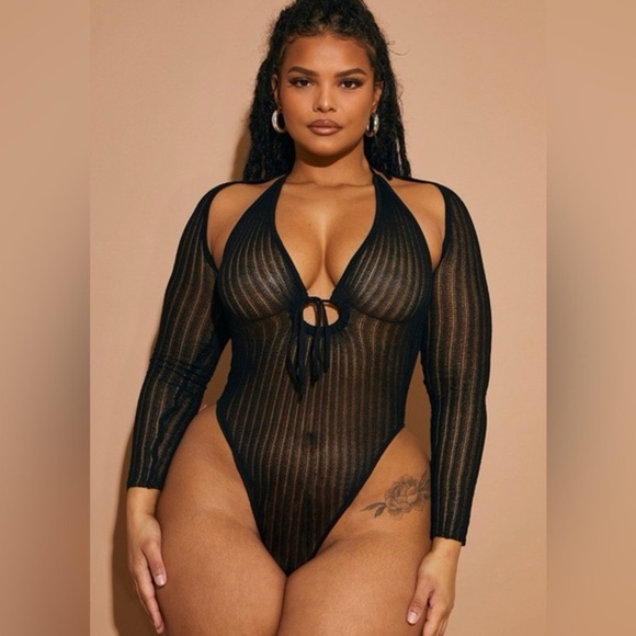 PrettyLittleThing Tops - NWT PrettyLittleThing Plus Black Sheer Knit Bodysuit w/ Sleeves Size XXXL